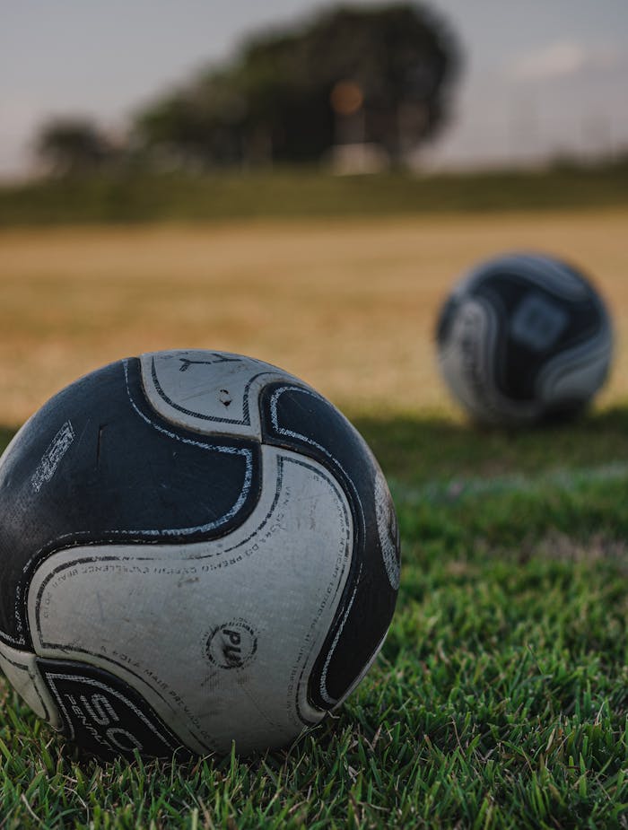 Blurred background image of two soccer balls on a lush green grass field, perfect for sports themes.